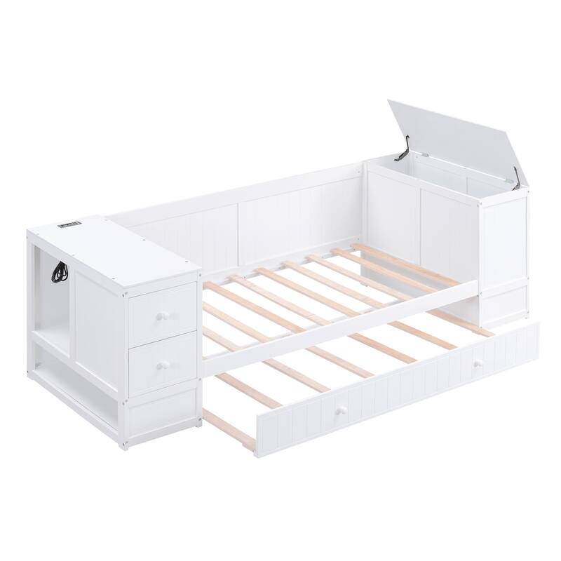 Twin Size Daybed with Storage, Trundle, and Charging Station in White