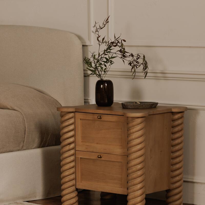 NADAAL STUDIOS Calvert Treccia Nightstand, Solid Oak with Oak Veneer Panels, 2 Drawers, Turned Legs, Natural Finish