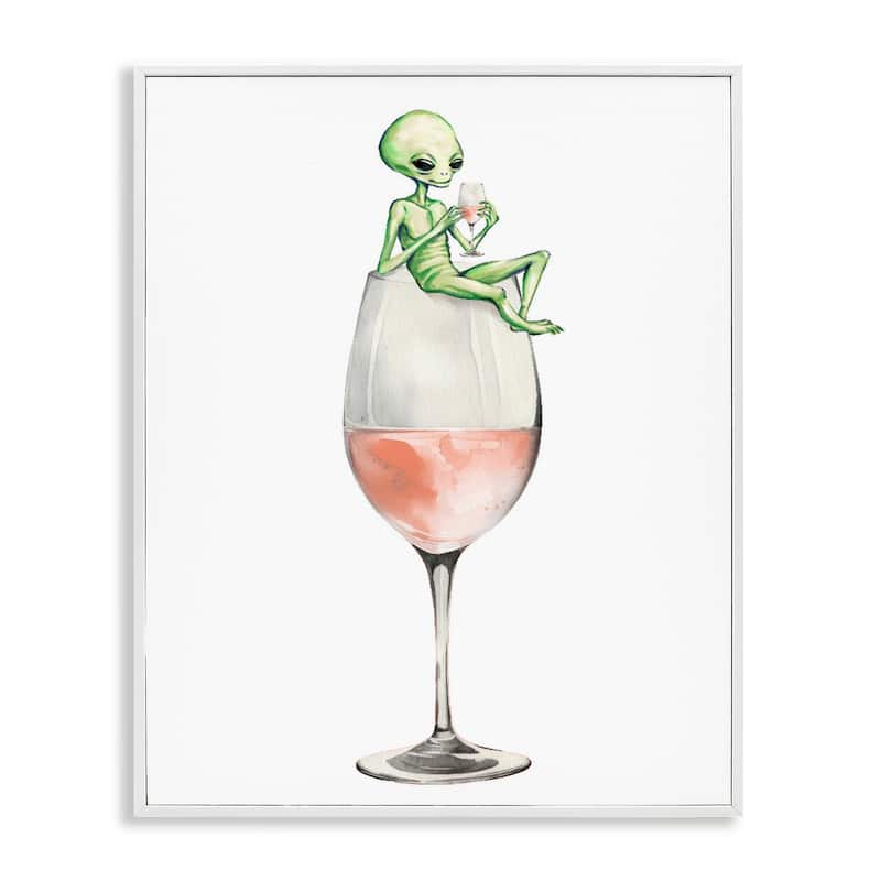 Stupell Lounging Alien on Wine Glass Framed Giclee Art Design By Lil' Rue - 16 x 20 - White