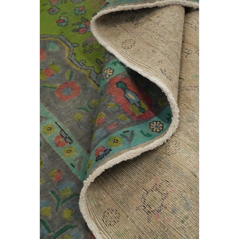Hand Knotted Oriental 100% Wool Carpet Traditional Floral Green Tabriz Area Rug - 9' 8'' X 6' 5''