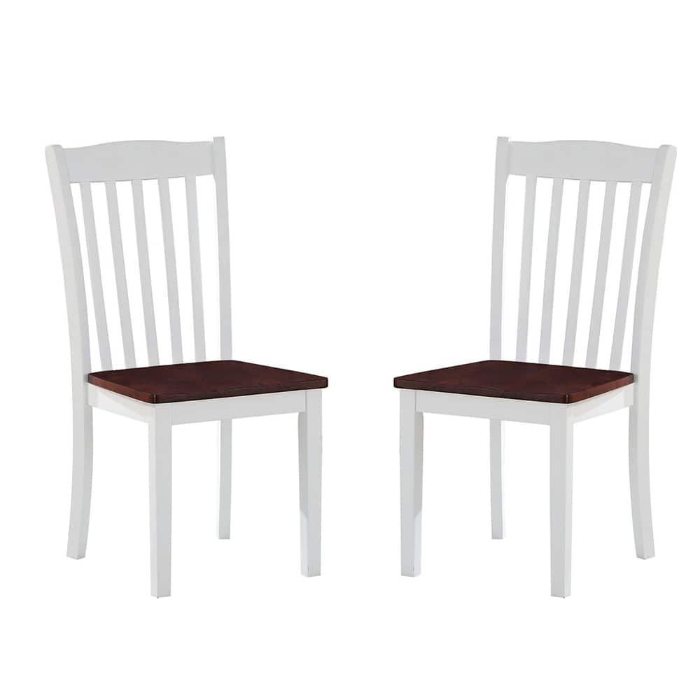 Set of 2 Side Chairs woth Slatted Back, White and Walnut