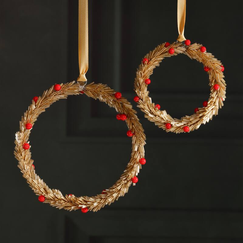 Festive Beaded Christmas Round Hanging Ornaments with Red Berries, Set of 12, 4"