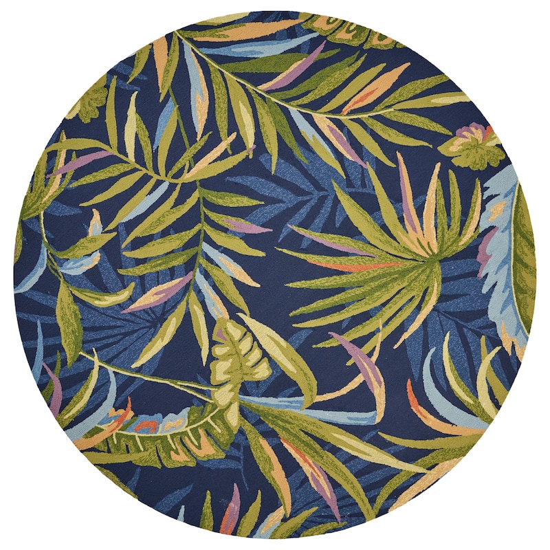 Domani Trails Tropical Leaf Hand-hooked Indoor/Outdoor Area Rug - 7'6" Round - Ink Blue