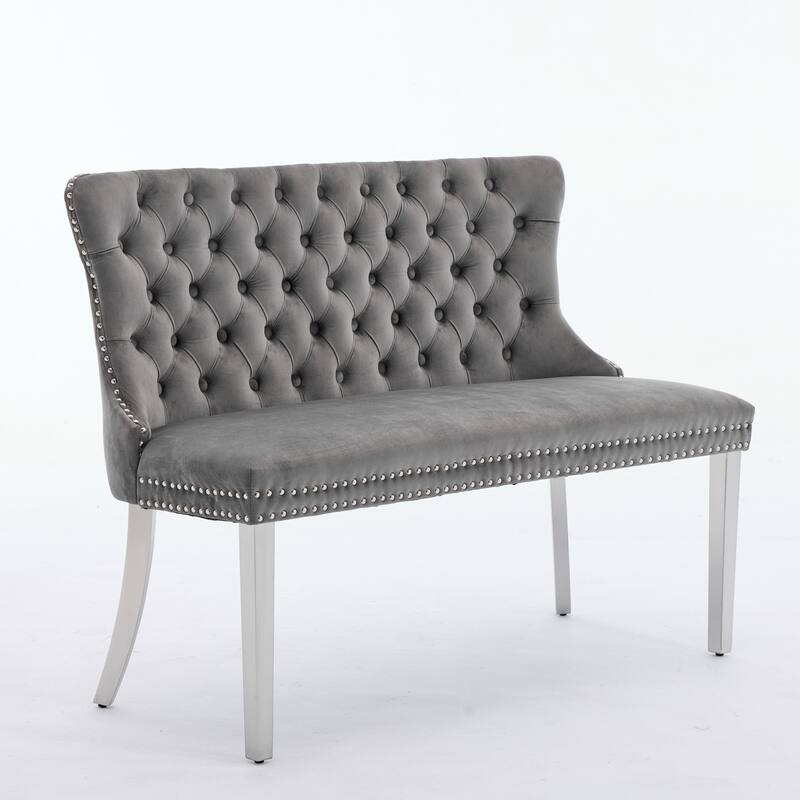 GDF Studio- Velvet Mid-Century Double Dining Loveseat Bench with Tufted Buttons & Stainless Steel Legs