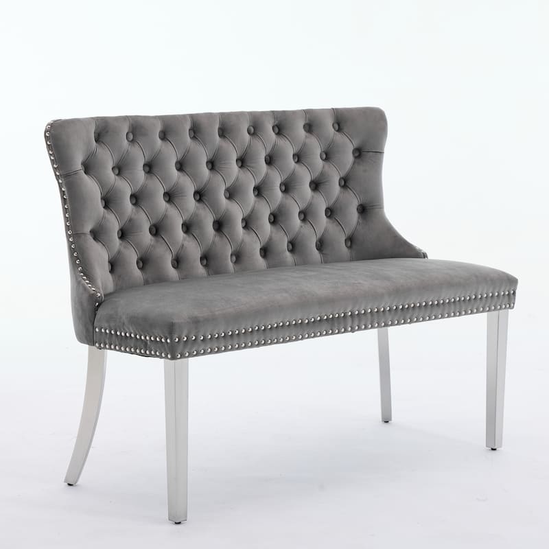 Velvet Double Dining Loveseat Bench, 2-Seat Tufted Bench w/Handmade Buttons, Wing Back, Gold-Plated Steel Legs, Single Pack