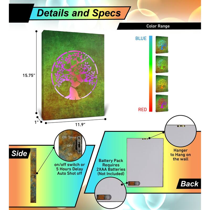 CoTa Global Tree Of Life Light Up LED Wall Art - Changing Color LED - 15.75Lx11.9Wx1H inches