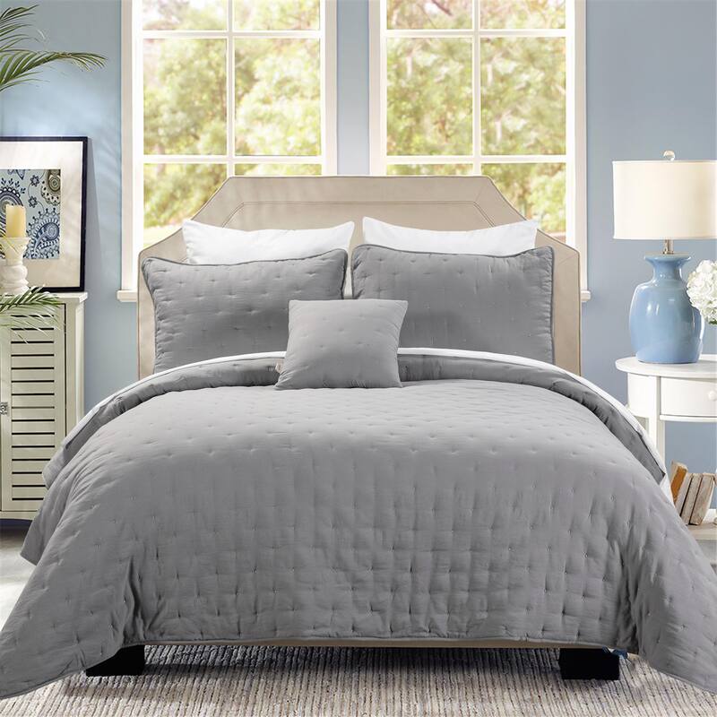 Emilie 4 Piece Crescent Stitch Quilt Set by HULALA HOME - GRAY - King