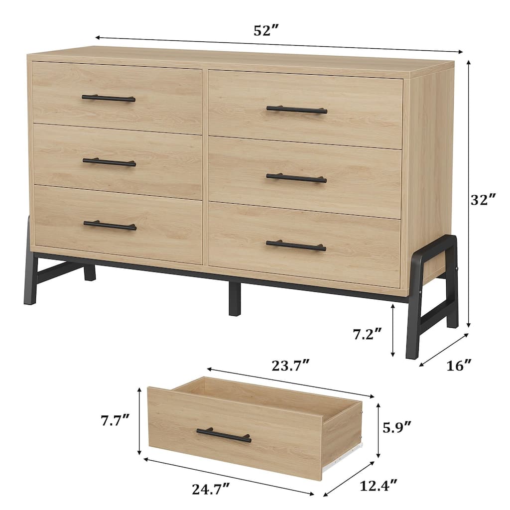 6-Drawer Dresser - 52" Wide MDF & PB Board Chest with R-Shaped Legs, Spacious Wood Grain Storage Cabinet for Bedroom