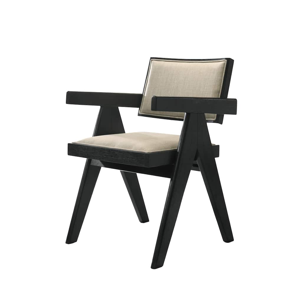 Bili 21 Inch Dining Armchair Set of 2, Open Back, Beige Upholstery, Black