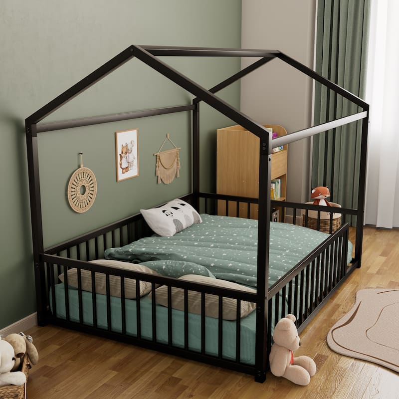 Montessori Metal House Bed with Low Entry & 3-Side Fence by Harper&Bright Designs