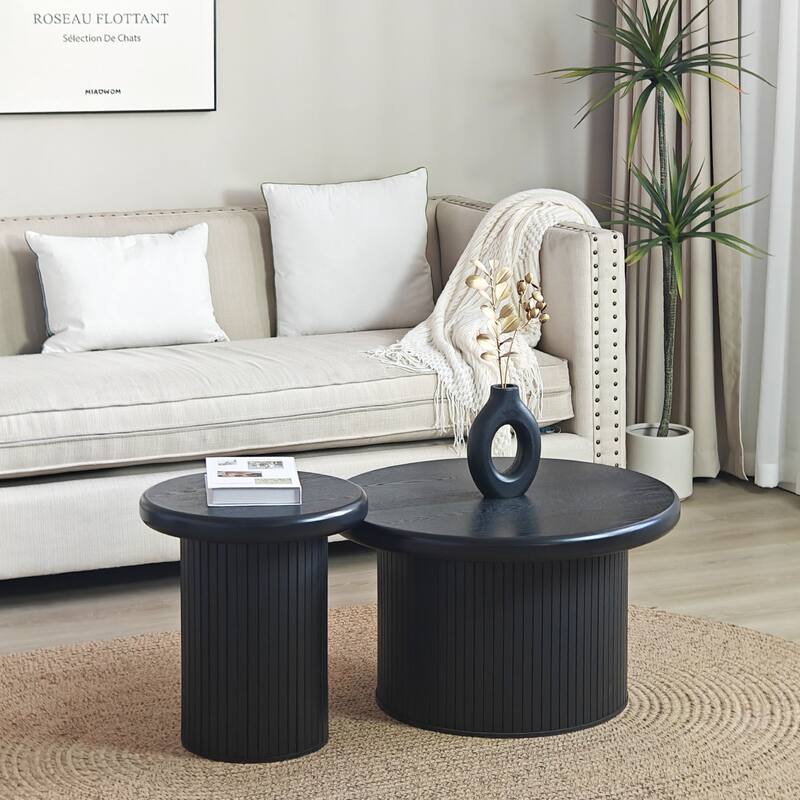 Roomfitters Modern Round Coffee Table Set with Fluted Leg Design, 2-Piece Dual Table Combination, Black Finish