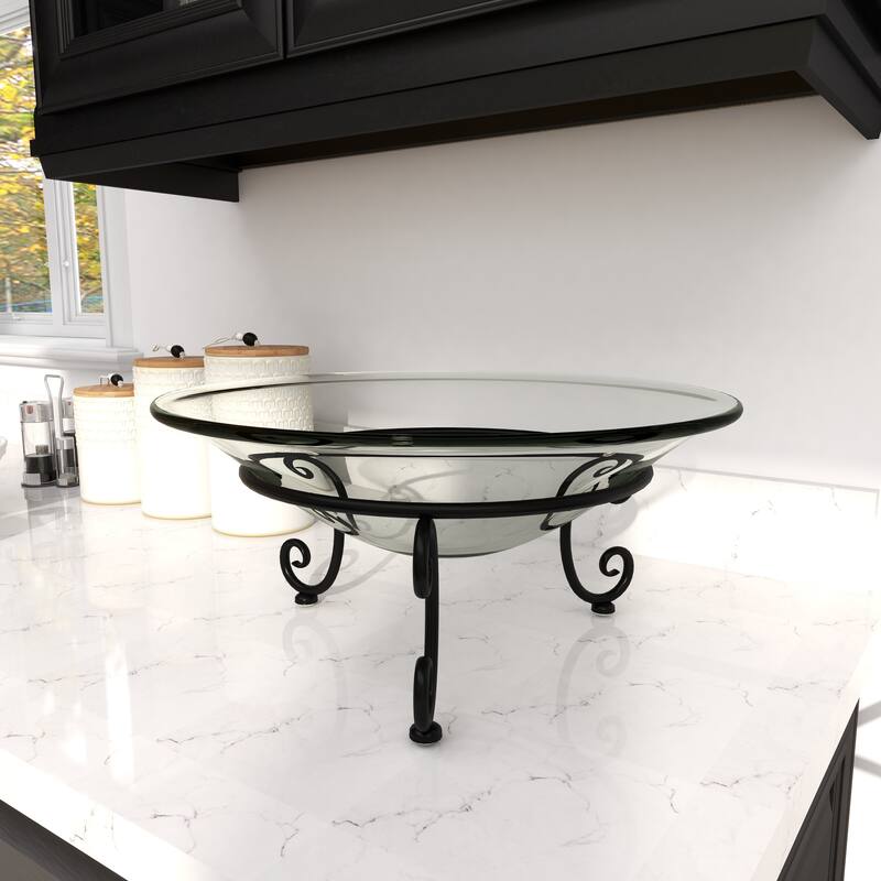 Clear Tempered Glass Kitchen Serving Bowl with Black Metal Scroll Stand