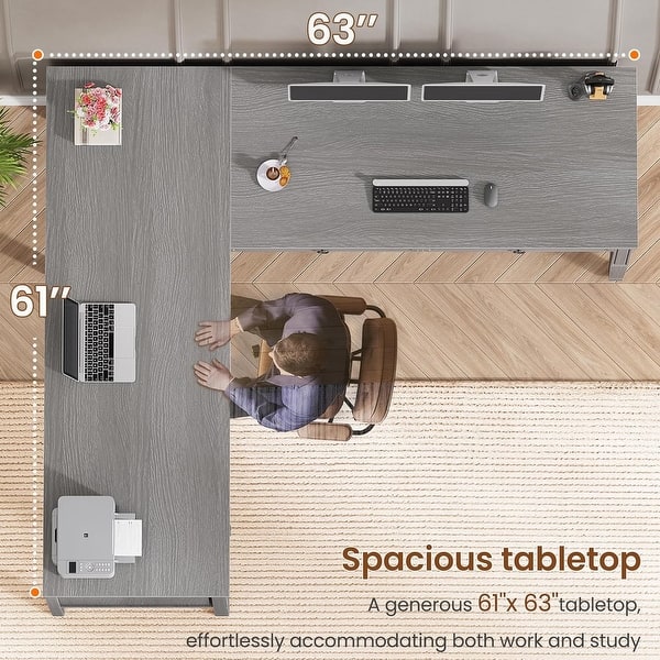 dimension image slide 10 of 30, Farmhouse Executive L Shaped Desk Home Office Desk with Drawers and Storage Cabinet & Power Outlet