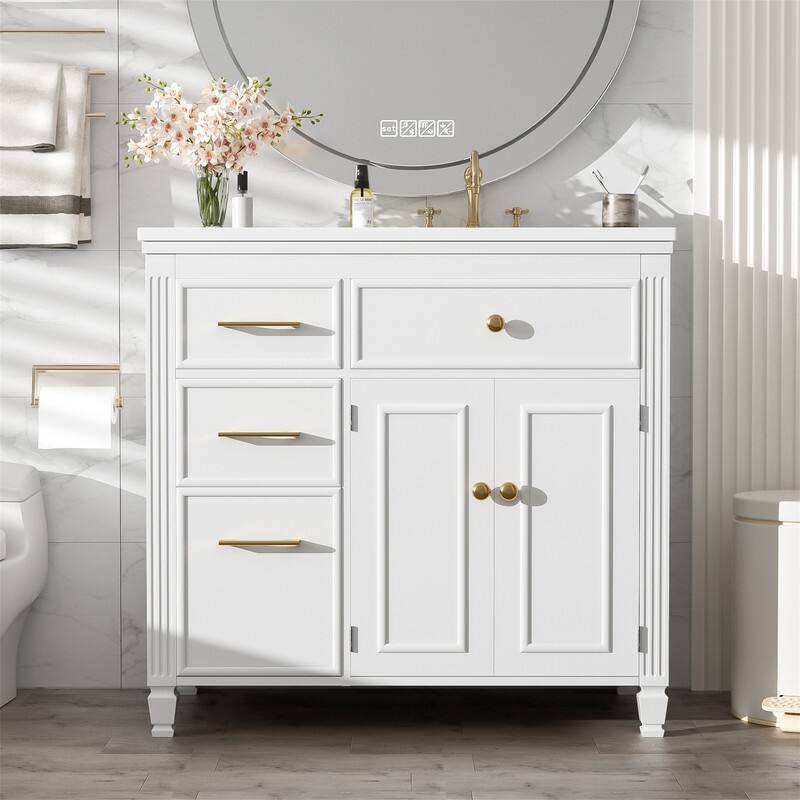 36" Bathroom Vanity w/ Ceramic Sink, Freestanding Bathroom Vanity Cabinet w/ 3 Side Drawers, 1 Tip-out Drawer & Adjustable Shelf