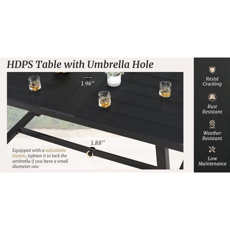 An Outdoor Dining Table Made Of Aluminum Alloy And HDPS With a 1.96-inch Umbrella Hole - 35.5" W x 70" L x 29.5" H