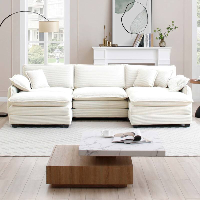 5-piece Corduroy Upholstered U-Shaped Modular Sectional Sofa with 2 Removable Ottoman, 5 Pillows, and Free Combination