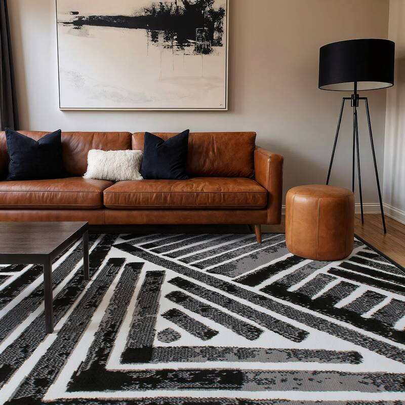 World Rug Gallery Contemporary Stripe Design Black / Gray / Ivory Area Rug - 7' 10" X 10'