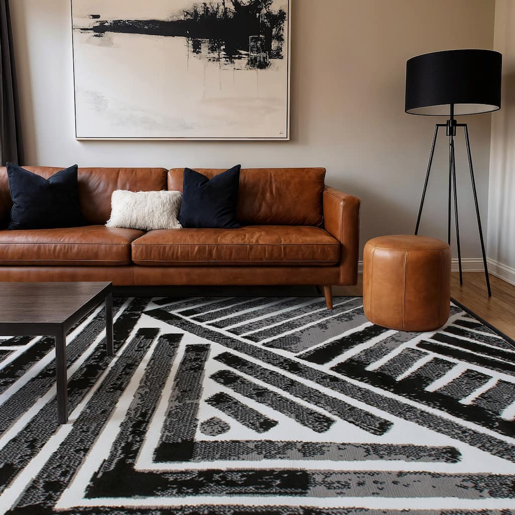 World Rug Gallery Contemporary Stripe Design Black / Gray / Ivory Area Rug