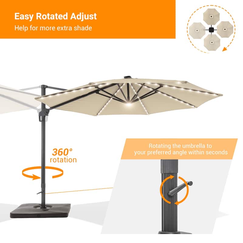 BONOSUKI 11ft LED Aluminum Patio Cantilever Offset Umbrella with Base