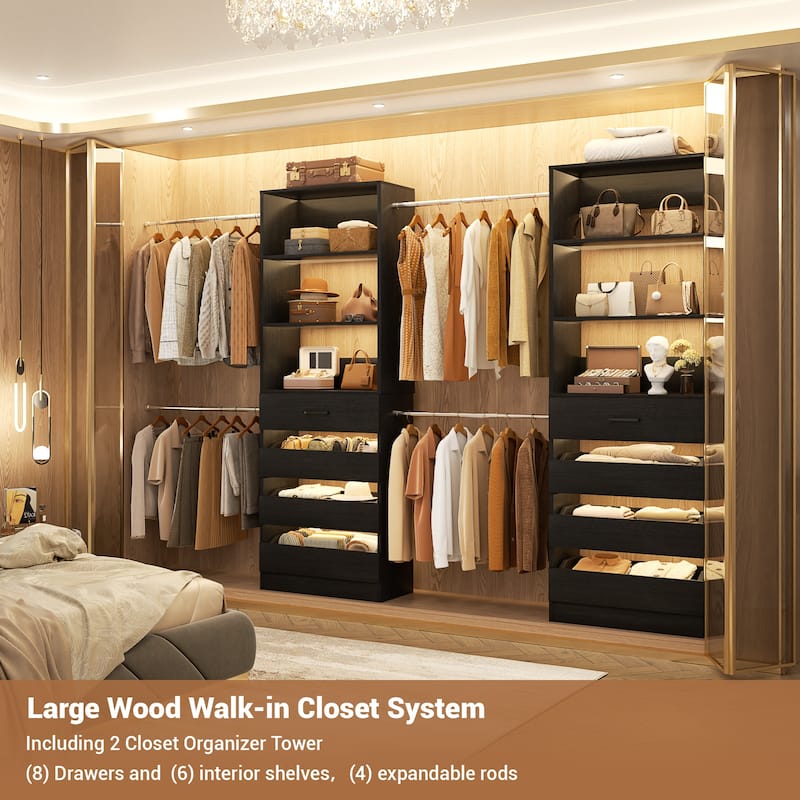 Qvella 95''-136'' W Closet System with 8 Wooden Drawers and 4 Hanging Rods, Walk-in Closet Organizer with 6 Storage Shelves