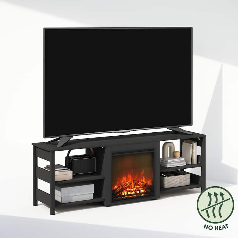 Furinno Classic No Heat Decorative Electric Fireplace TV Stand for TV up to 70 Inch with Open Shelves, Americano