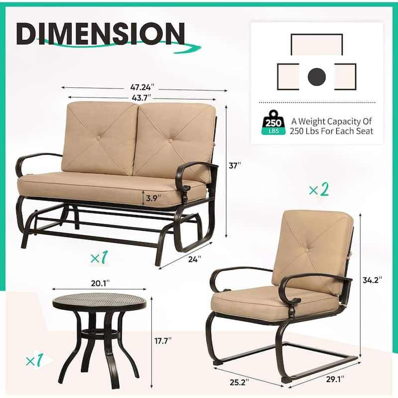 4-Piece Outdoor Patio Glider Loveseat and Rocker Conversation Set with Cushions