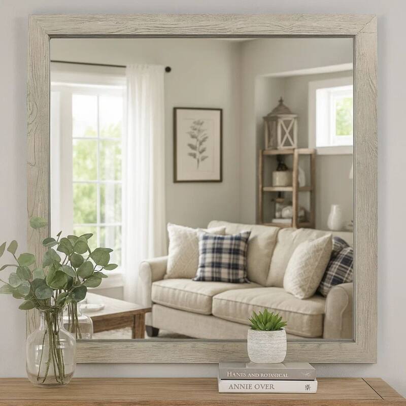 Transitional Style Square Mirror with Wooden Frame, Brown