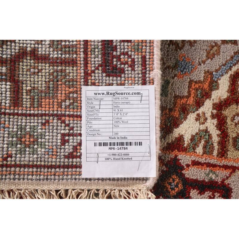 Geometric Heriz Serapi Indian Rug Hand-Knotted Grey Wool Carpet - 2'0"x 3'0"