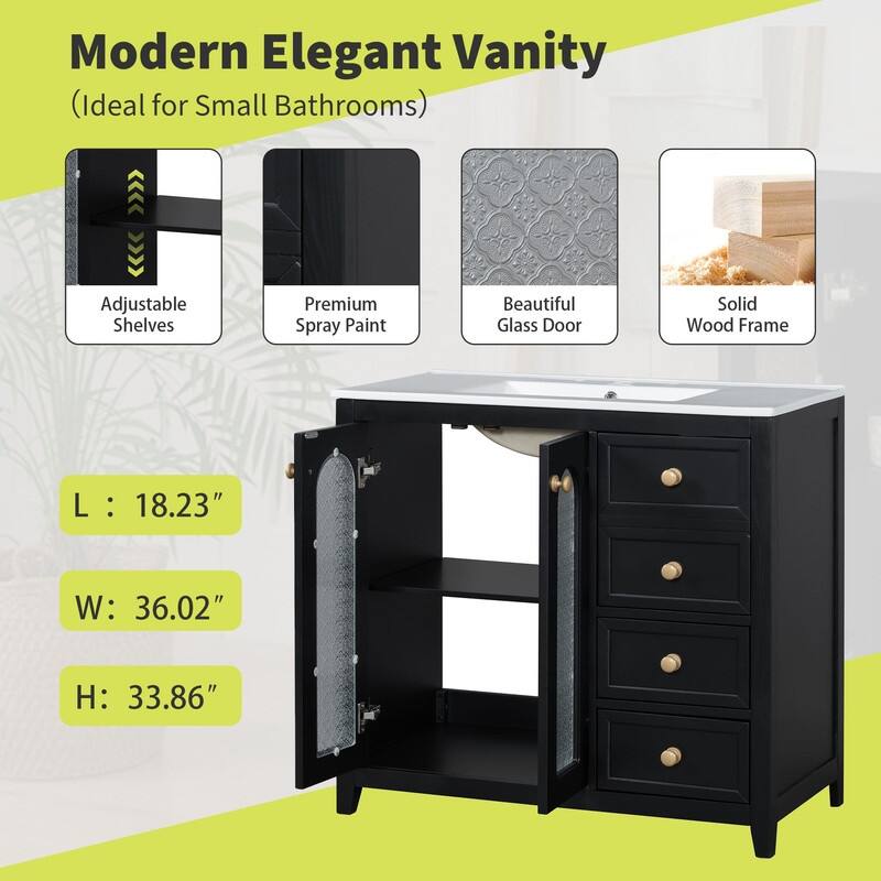 30''/36'' Bathroom Vanity with Sink, 3 Drawers Bathroom Storage Cabinet with Soft-Close Glass Door and Adjustable Shelf