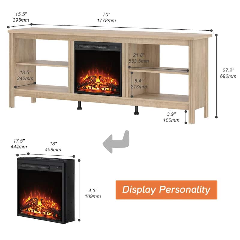 Wood Fireplace TV Stand for 75 Inch TV Entertainment Center, 70 Inch