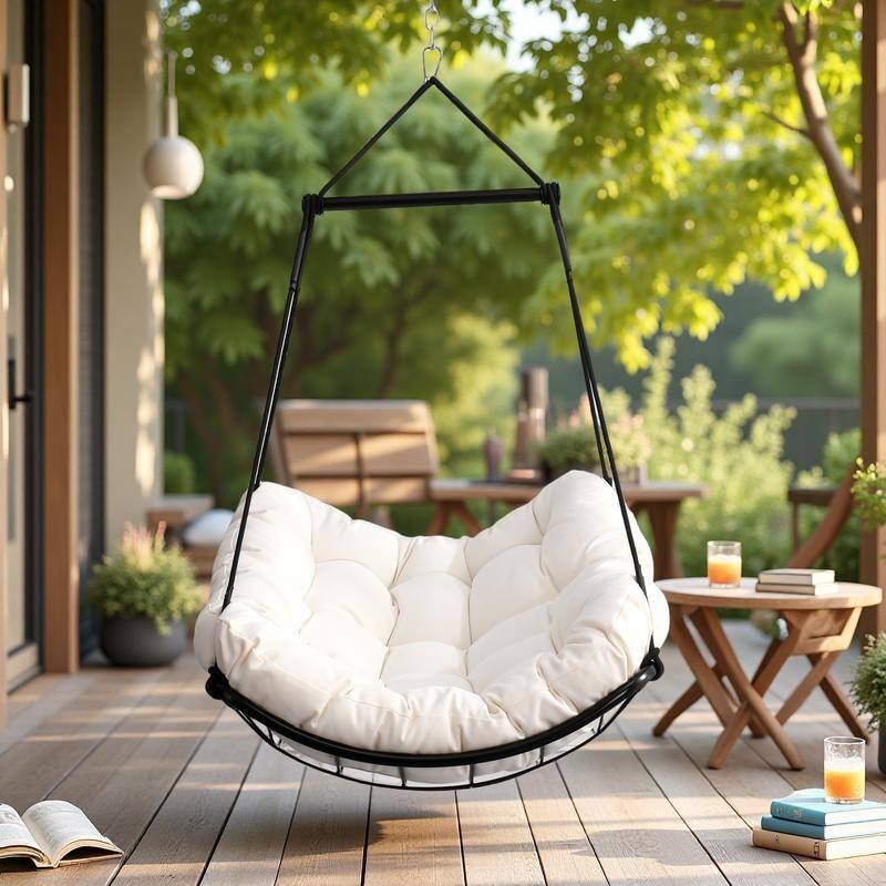 Aluminum Hammock Chair Swing with Cushion Oversized Comfort for Indoor/Outdoor Use, 360° Swivel and Anti-Slip Safety Rings - Off White