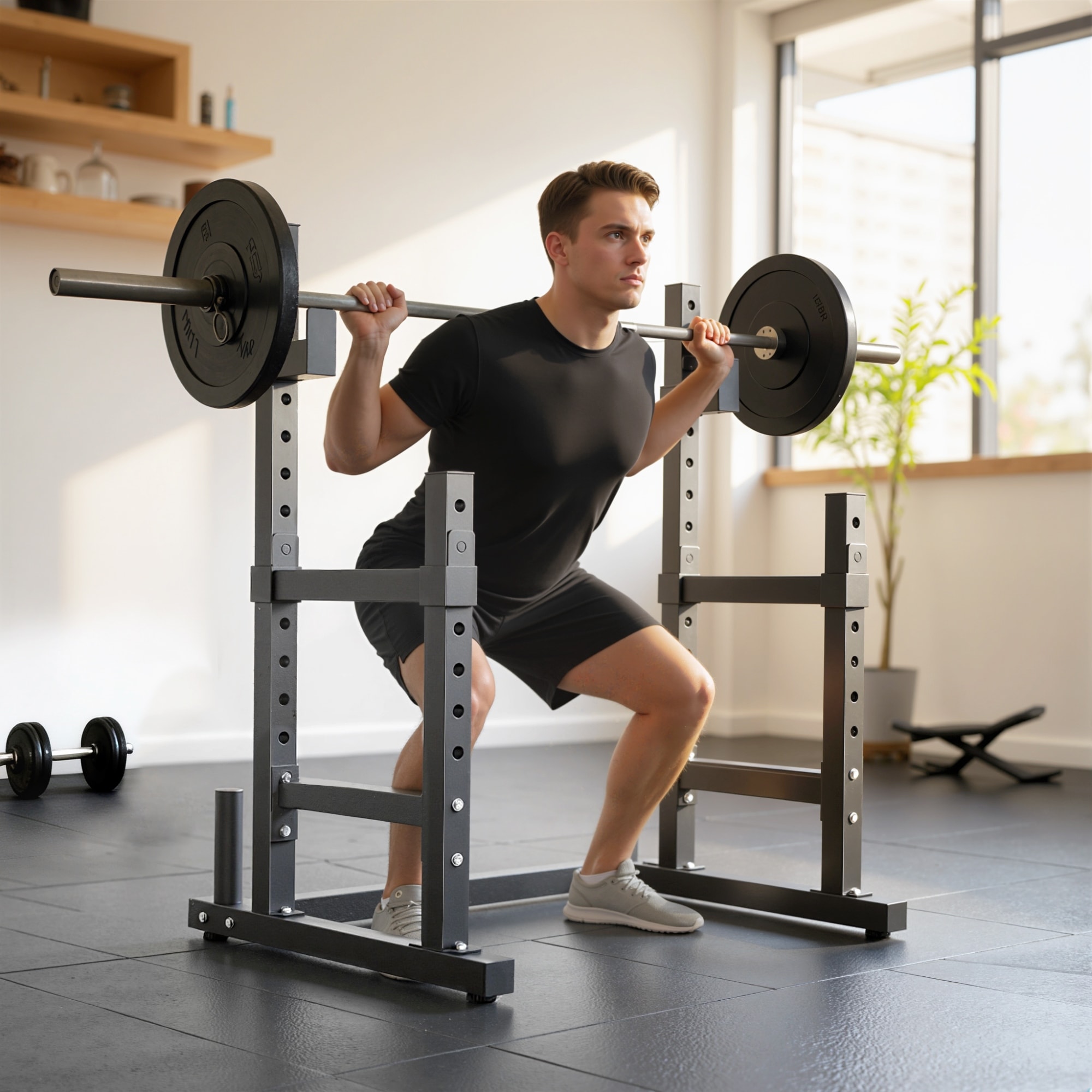 Soozier Adjustable Steel Squat Rack, Barbell Stand with Plate Holders, 660 lbs Capacity, Black