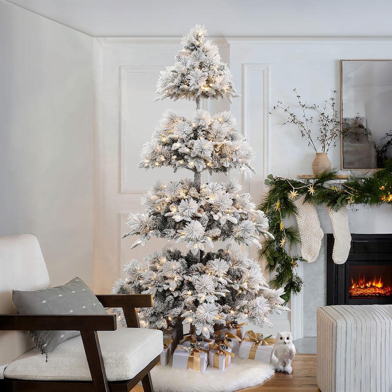 7.5Ft Pre-Lit Hinged Snow Flocked Slender Artificial Pine Christmas Tree - 90" H x 48.8" Diameter