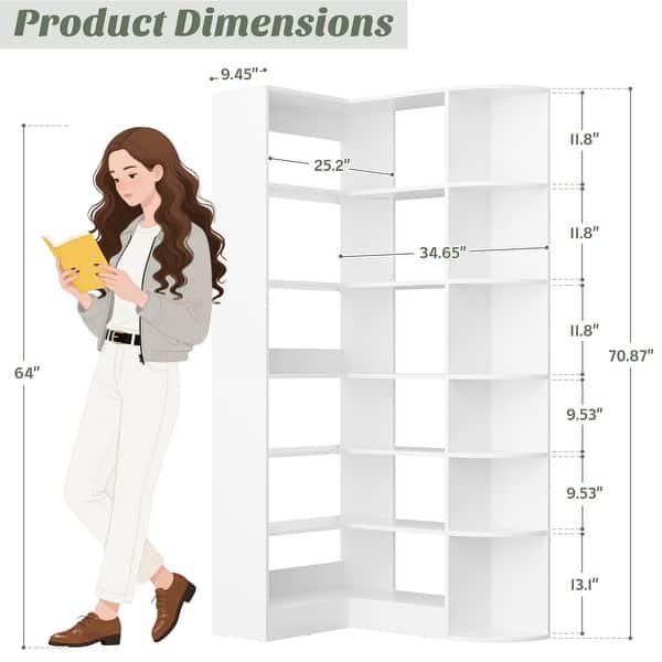 dimension image slide 0 of 3, 6-Tier Corner Bookshelf, 71" H Freestanding L-Shaped Book Shelf with Baffle, Corner Open Display Shelf Bookcase