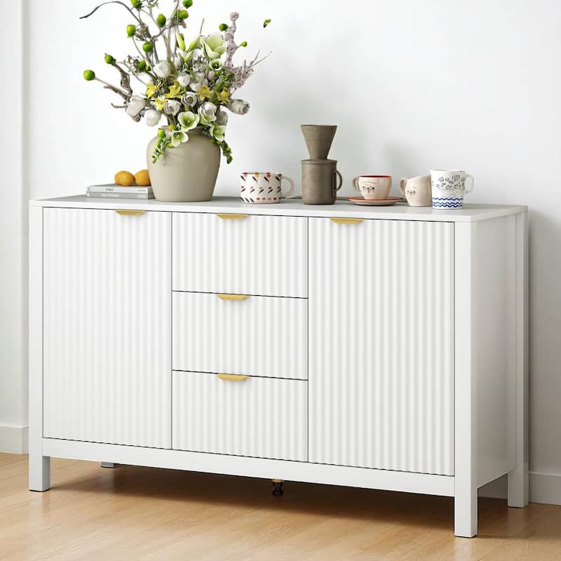 Wave Pattern Sideboard Cabinet with 3 Drawers, Soft-Close Doors & Adjustable Shelves, Entryway Storage Console