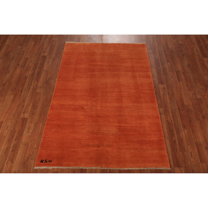 Orange Stripe / Modern Gabbeh Oriental Rug Hand-Knotted Wool Carpet - 3'10" x 5'10"