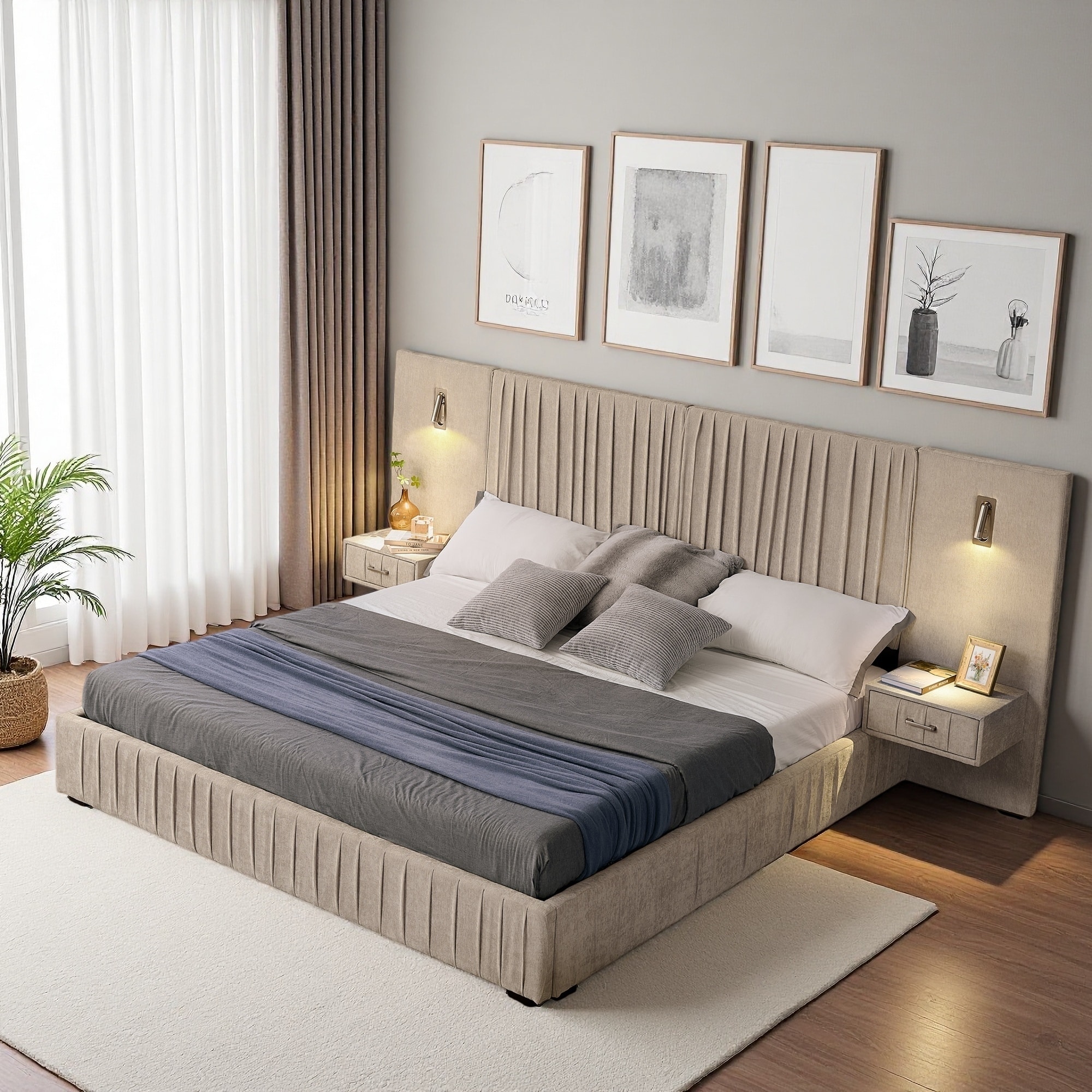 Upholstered Platform Bed with Pleated Headboard, Side Table, and No Box Spring Needed