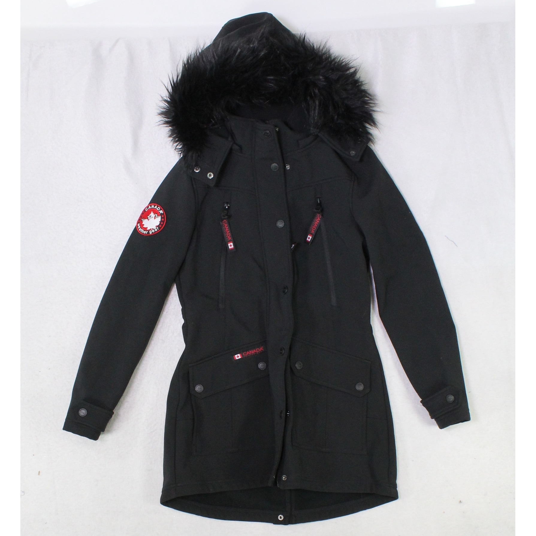 black coat with white fur hood