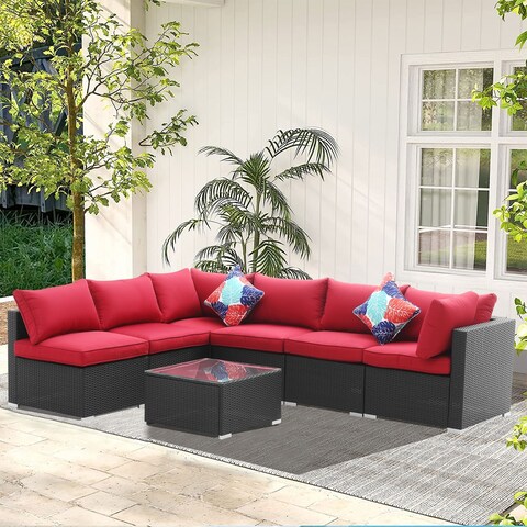 Ainfox 7PCS Outdoor Sofa Sectional Set Wicker Patio Furniture Patio Sofa Height Increased Red