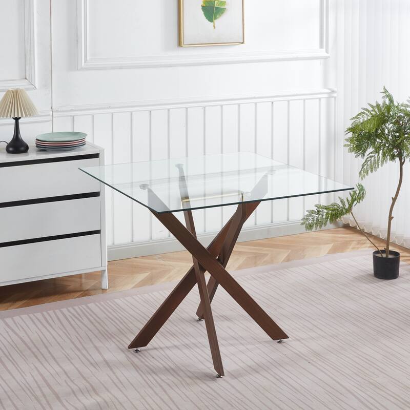 Square Glass Dining Table for 4 Person, Kitchen Table with Tempered Glass & Cross Metal Legs, Modern Leisure Coffee Table