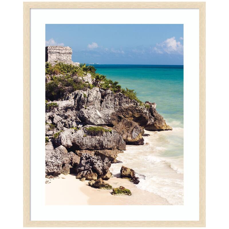 Kate and Laurel Framed Art Tulum Ruins Mexico Seascape by Stephanie Klatt - 34x42 - Natural