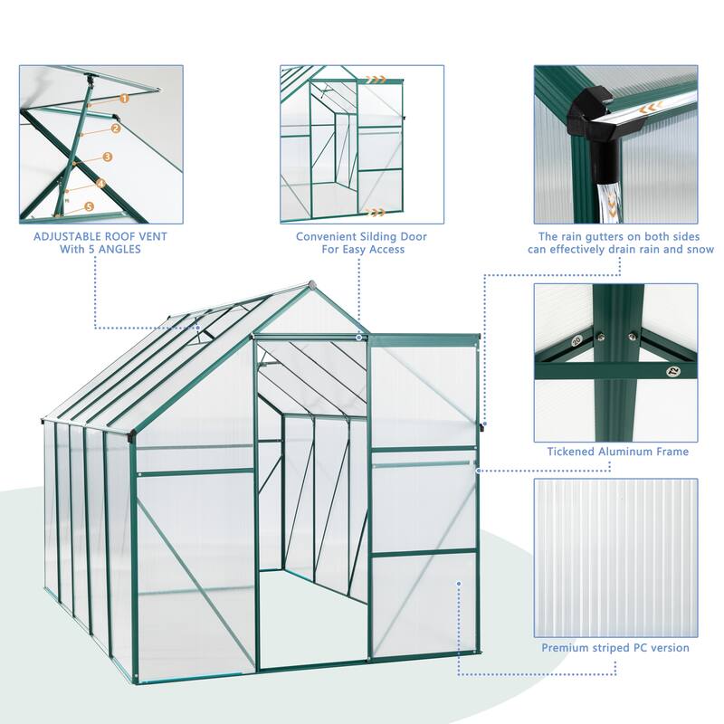 GDF Studio - Ossian Outdoor Aluminum Polycarbonate Greenhouse with Raised Base and Walk-In Design