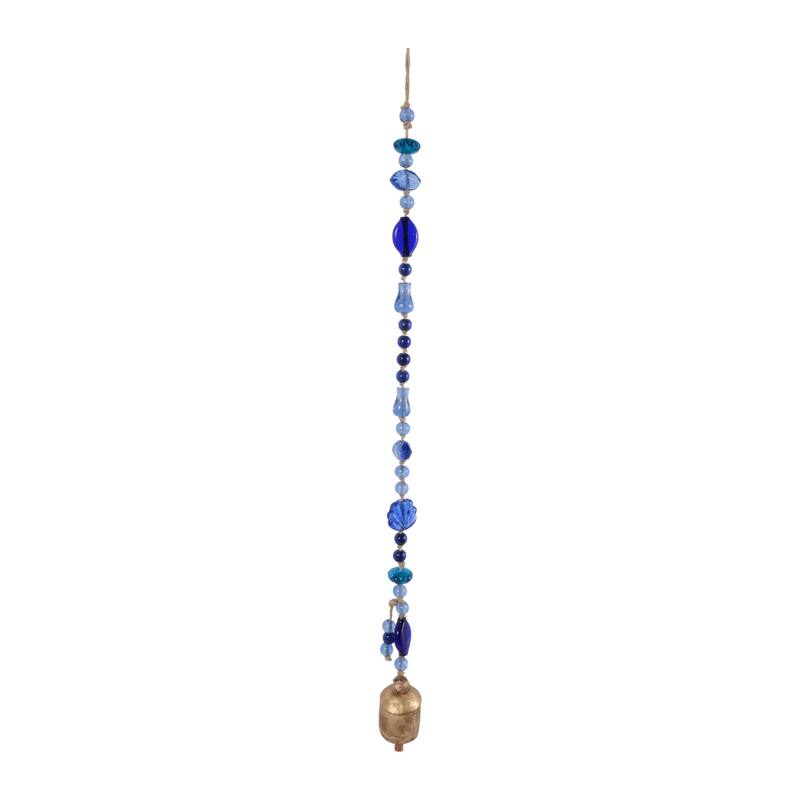 Glass Metal Wood Windchime Jute Beads Bell - 35" Gold/Blue - 2.5" x 2.5" x 35"