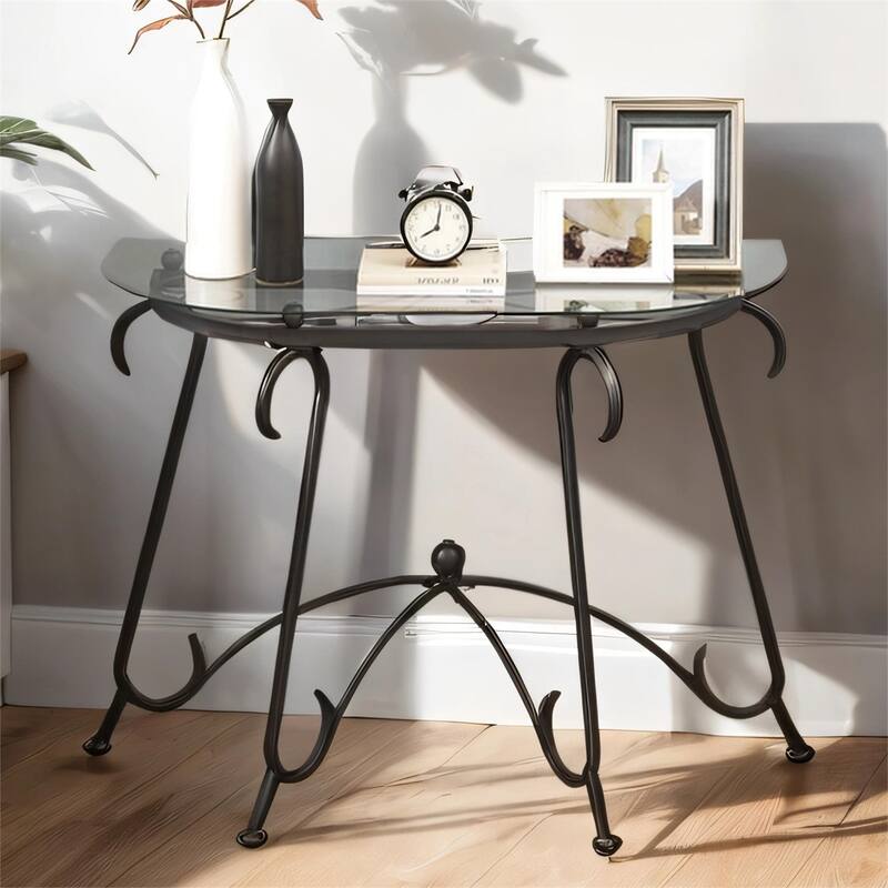 Tempered Glass Surface Console Coffee Table with Sturdy Construction - Black