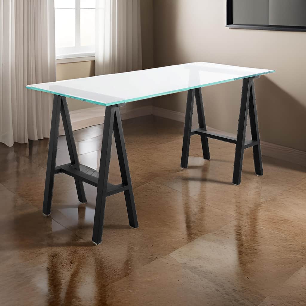 Rani 55 Inch Office Desk, Tempered Glass Top, Modern Black Steel Frame