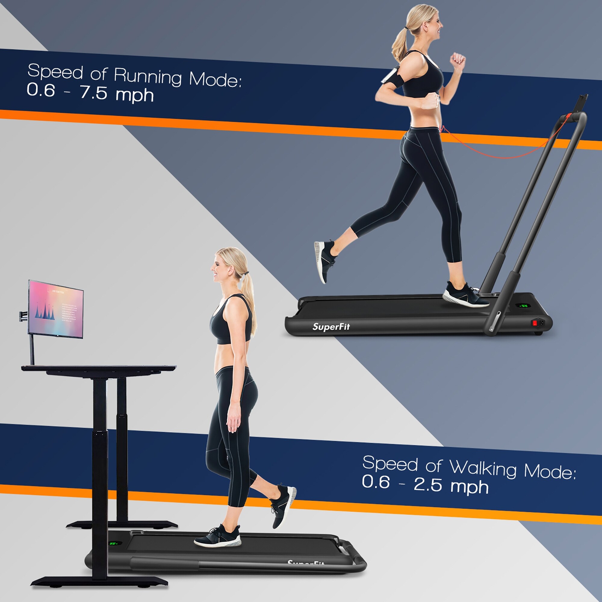 SuperFit 2.25HP 2 in 1 Foldable Under Desk Treadmill Remote Control 49 x 27 x 42 Bed Bath Beyond 37630359