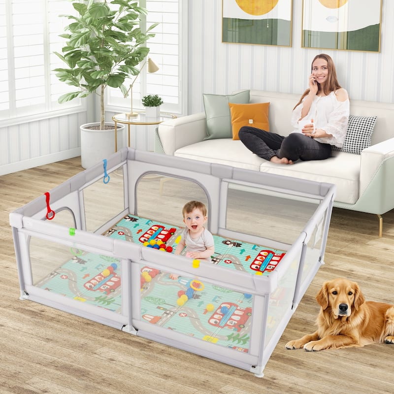 Grey Oxford Fabric Kids Playpen with Mesh Doors, Ocean Balls and Walk Rings - 73" L x 61.5" W x 27" H
