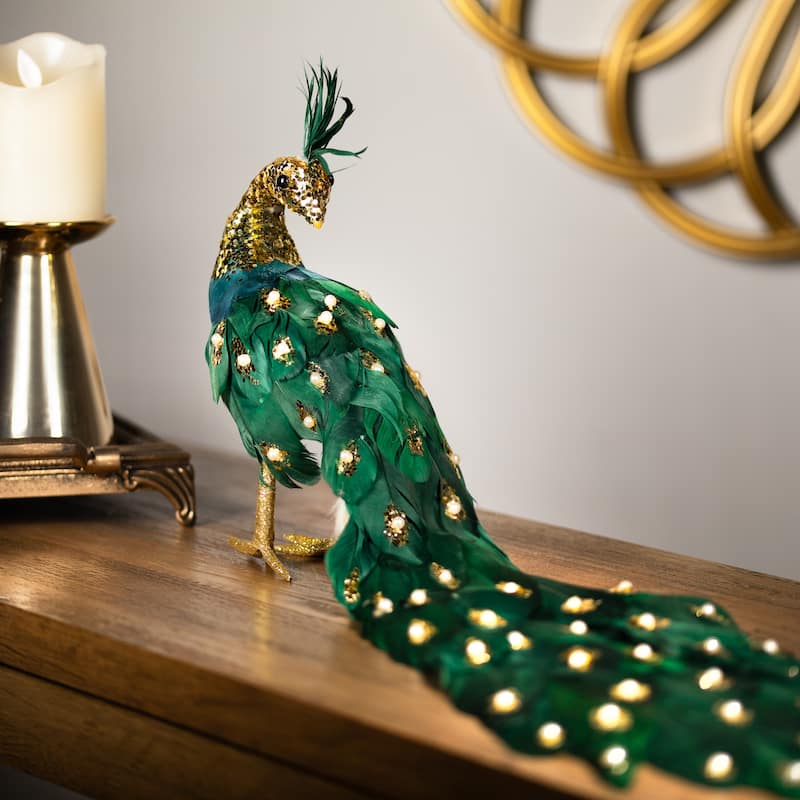Glittered Peacock with Faux Pearls Christmas Decoration - 22" - Green