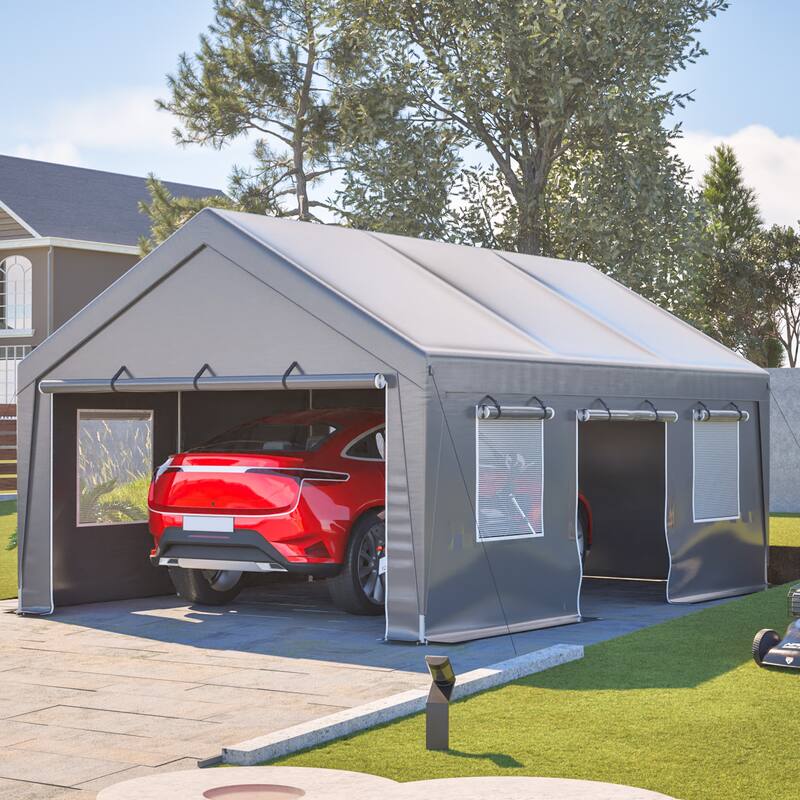 GDFStudio - Penman Heavy Duty Canopy Garage with Removable Sidewalls and Roll-up Ventilated Windows & Door