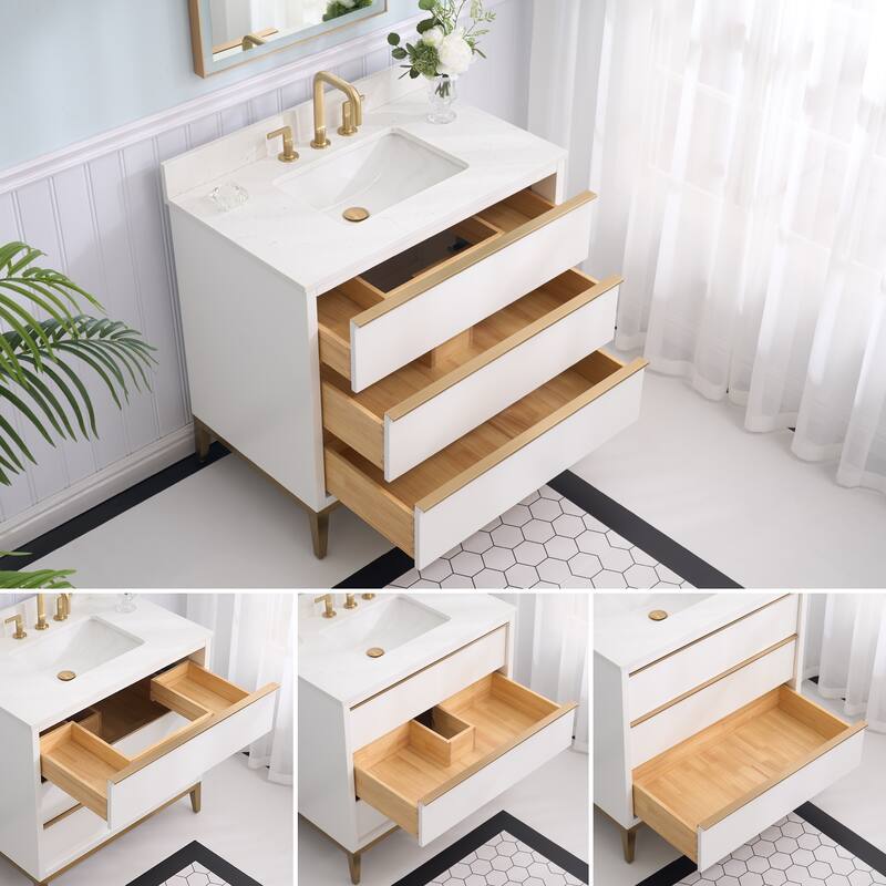 36"/48"/60" W Width Solid Wood Bathroom Vanity with Stain-resistant Carrera White Quartz Top and Sink